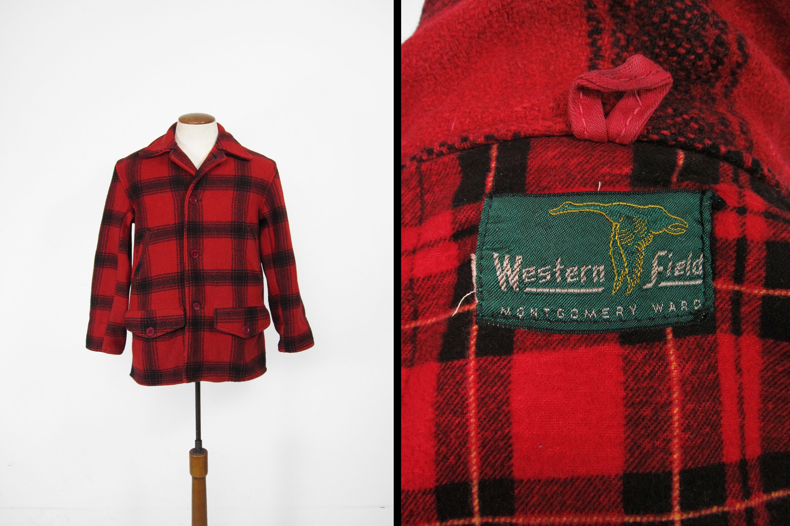 Vintage Montgomery Ward Hunting Coat Red Wool Plaid Mackinaw 