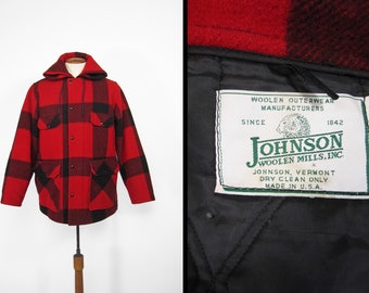 Johnson Hunting Coat Outdoor Red and Black Plaid Wool Made in USA - Size 44