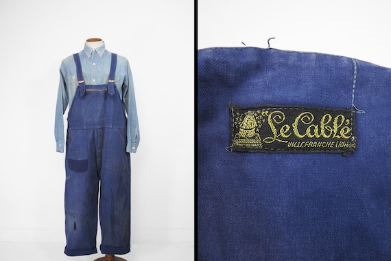 Vintage French Indigo Overalls Patched Repaired Wo