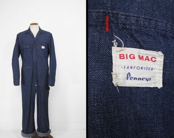 Vintage Penneys Big Mac Denim Coveralls Blue Indigo Boiler Suit - Size 40 L