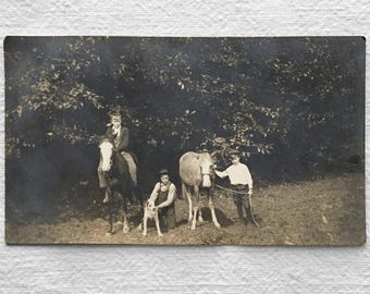 1900s Farm RPPC Postcard Boys With Animals Horses Dog