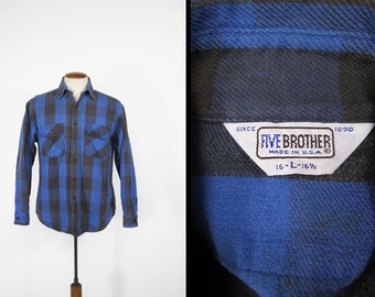 Vintage 5 Brother Flannel Shirt Blue Plaid Cotton Made in USA - Size Large