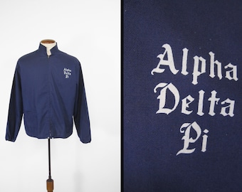 Vintage Alpha Delta Pi Jacket 60s Sorority Blue Windbreaker - Size Medium