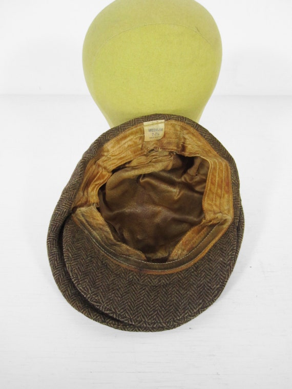 Vintage Brown Flat Cap Tweed Herringbone Hat - Si… - image 5