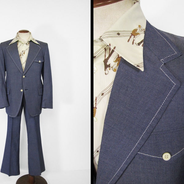 Vintage 70s Denim Leisure Suit Blue Retro Two Piece - Size 42 Long
