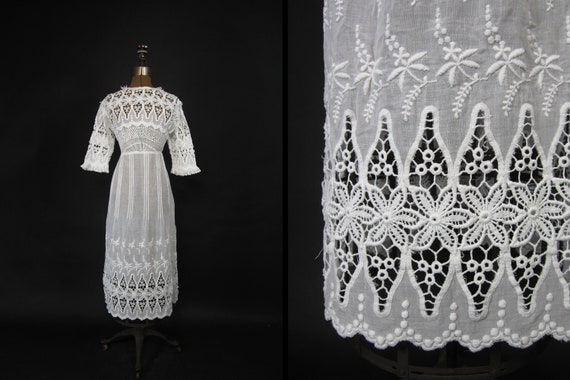 Edwardian Tea Dress 1910s White Embroidered Lace L