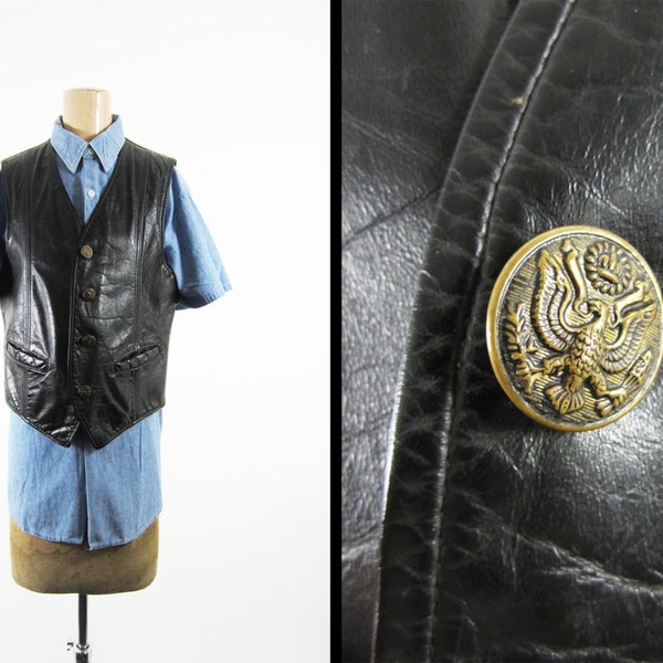 Vintage 70s Leather Biker Vest Black Motorcycle Button Vest - Medium