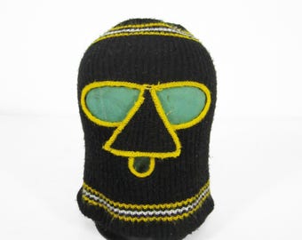 Vintage Ski Mask Hat Black And Yellow Knit Pullover