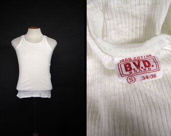 Vintage BVD Undershirt 60s Wife Beater A Shirt White Ribbed Cotton - Small