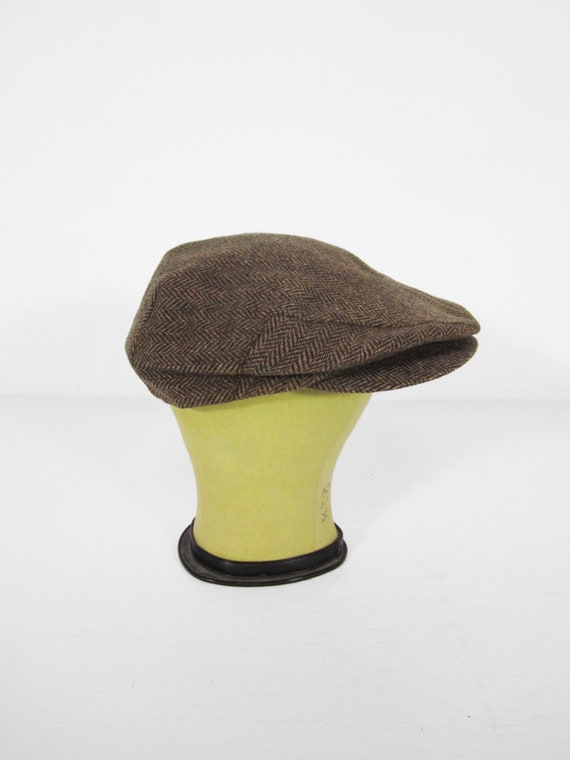 Vintage Brown Flat Cap Tweed Herringbone Hat - Si… - image 2