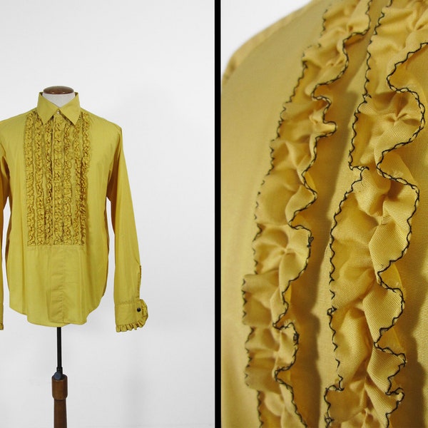 Vintage Gold Ruffle Tuxedo Shirt 1970s Yellow Tux Button Up Long Sleeve - Size 14 - 34