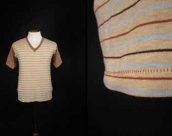 Vintage John Wanamaker T-shirt 80s Striped V Neck Tee - Size Medium