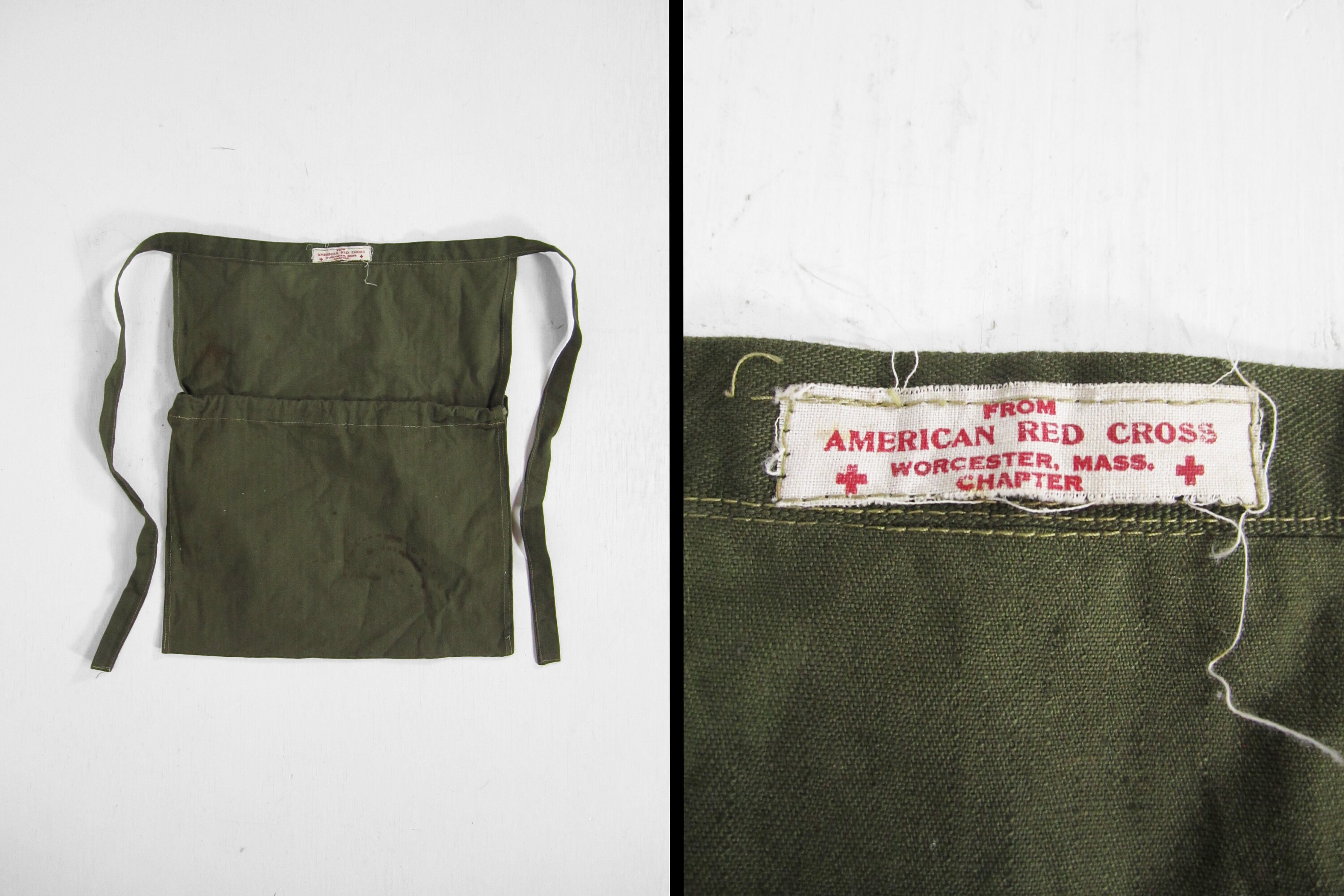 RESERVED Vintage WWII Red Cross Army Apron Green Worcester MA  