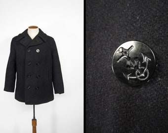Vintage Navy Pea Coat 60s Black Wool Double Breasted - Size 38 / 40