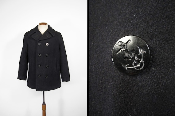 Vintage Navy Pea Coat 60s Black Wool Double Breas… - image 1