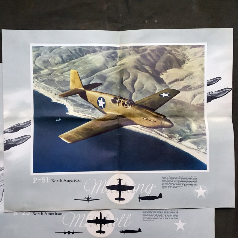 Vintage WWII Airplane Posters Lot of 3 Mustang Mitchell Texan Large Unused image 2