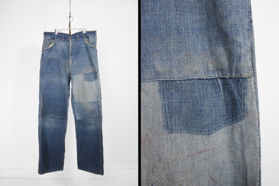 Vintage 50s Patched Work Jeans Denim Dungarees Wor
