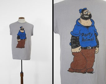 Vintage Party Animal Bluto Shirt Tank Top Hand Painted Popeye Sleeveless Made in USA - Large