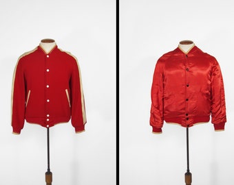 Vintage Red Varsity Jacket Reversible Satin and Wool Letterman Coat - Small