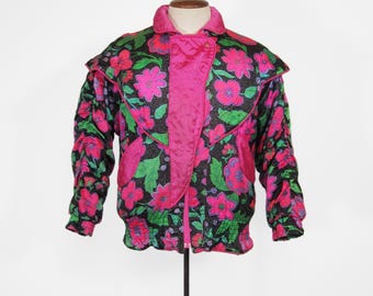 Vintage 90s London Fog Pink Coat Floral Neon Jacket - Medium