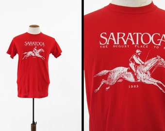 Vintage 1985 Saratoga Track T-shirt Racetrack Red Horse Racing - Medium / Large