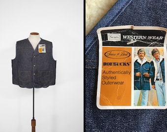 Vintage Sears Denim Vest Roebucks Sherpa Lined NOS Work Vest - Size XL