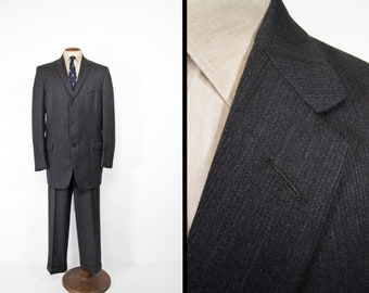 Vintage 50s Charcoal Suit Pinstripe Wool Two Piece - Size 44 Long