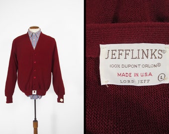 Vintage Lord Jeff Red Cardigan Sweater JEFFLINKS Acrylic Knit Made in USA - Large