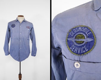 Vintage Oldsmobile Mechanic Shirt Blue Twill Button Up Workwear - Size Small