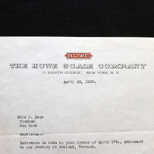 1935 Howe Scale Company Membrete firmado Ventas de herramientas de Nueva York