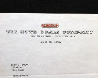 1935 Howe Scale Company Letterhead Signed New York Tool Sales