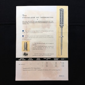 May include: An advertisement for Tycos Straight-Stem Vat Thermometers. The page features a detailed illustration of the thermometer, along with specifications for stem length, scale divisions, and temperature range, from 130 to 210 degrees Fahrenheit.
