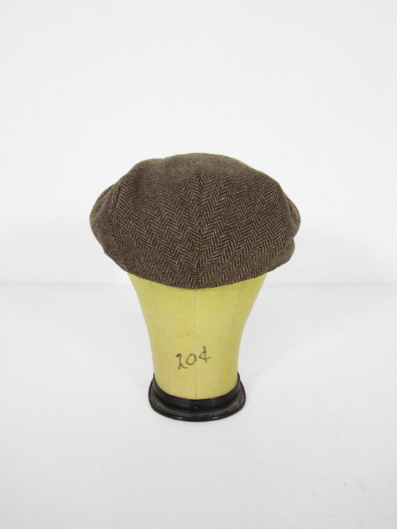 Vintage Brown Flat Cap Tweed Herringbone Hat - Si… - image 3