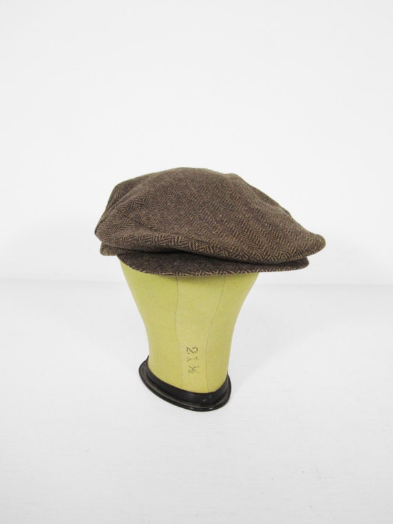 Vintage Brown Flat Cap Tweed Herringbone Hat - Si… - image 1