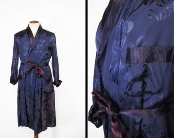 Vintage 50s Blue Smoking Robe Satin Lounge Montgomery Ward - Medium