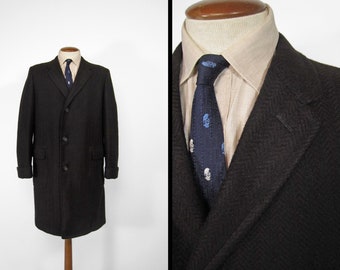 Vintage Black Plum Tweed Overcoat 1950s Herringbone - Size 38