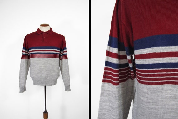 Vintage 80s Red Sweater Montgomery Ward Striped -… - image 1