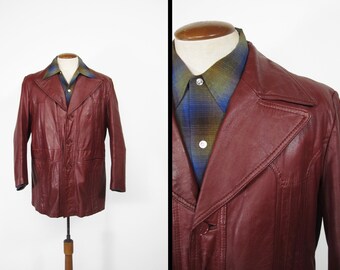 Vintage 70s Red Leather Jacket Wide Lapel Trench - Size 44 - Etsy UK