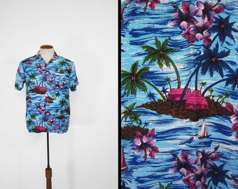Vintage Hibiscus Hawaiian Shirt Blue Tropical Palm Tree Print - Small / Medium