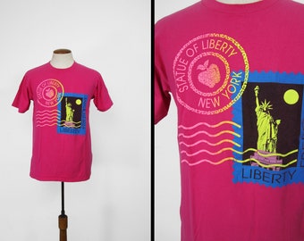 Vintage Statue of Liberty T-shirt 90s Hot Pink New York Tee - Large / XL