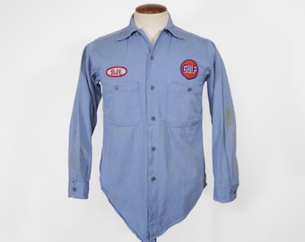 Camisa de mecánico de Gulf vintage, uniforme de sarga azul para estación de servicio, talla pequeña