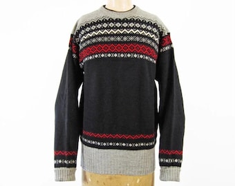 Vintage 40s Black Sweater Striped Winter Ski Pullover Grey Red Knit - Size Small