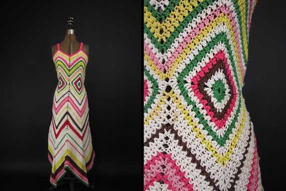 Vintage Crochet Knit Dress Afghan Zig Zag One of … - image 1