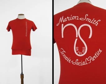 Vintage 80s Singles Party T-shirt Marion Smith Tennis and Social Parties Red Tee - XS / Small