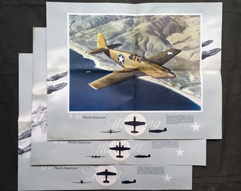 Vintage WWII Airplane Posters Lot of 3 Mustang Mitchell Texan Large Unused