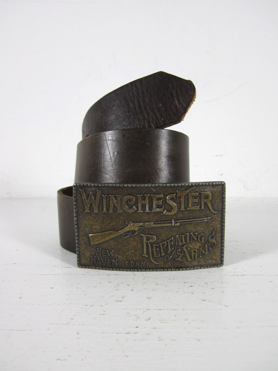 Vintage Winchester Belt Buckle Leather Brown Cowhide Western Etsy