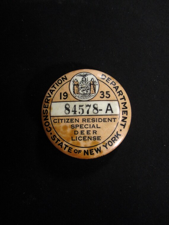 1935 New York Special Deer Hunting License Badge Pinb… Gem