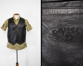 Vintage Camel Leather Vest Black Biker Snap Made in USA - Medium / Large