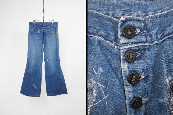 Vintage Navy Denim Jeans Button Fly Bell Bottoms P