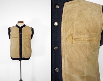 Vintage Leather Knit Vest 70s Suede Snap - Medium